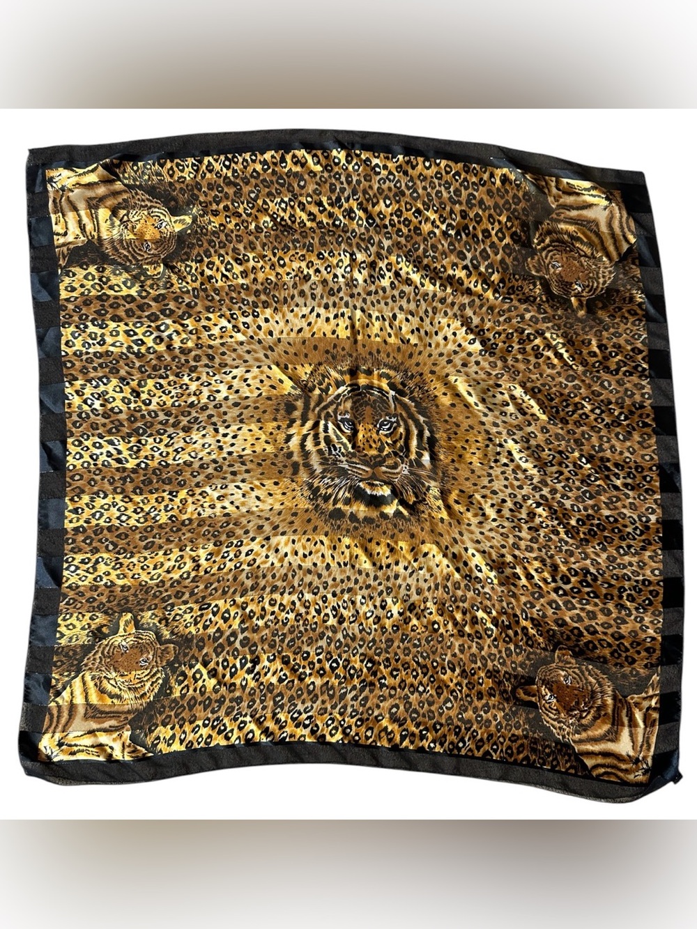 Tiger Print Satin Scarf  Gold/Black  w/ Horizontal Lines 40” x  40”